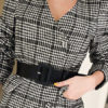 Black Party Dress Long Sleeve Bodycon Dress V Neck Plaid Buttons Belt Shaping Midi Dress - Image 2