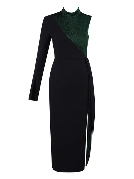 Black Party Dress Stand Collar One Sleeve Knotted Asymmetrical Two Tone Long Dress - Image 2