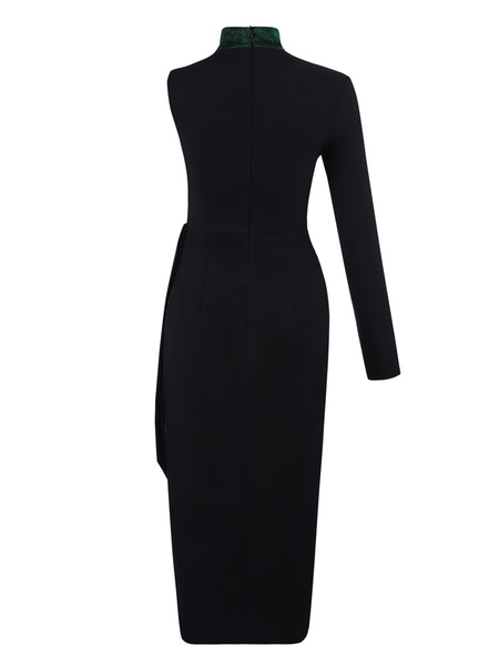 Black Party Dress Stand Collar One Sleeve Knotted Asymmetrical Two Tone Long Dress - Image 3