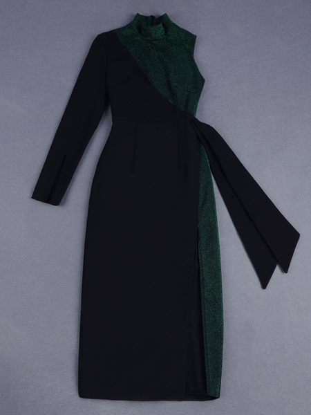 Black Party Dress Stand Collar One Sleeve Knotted Asymmetrical Two Tone Long Dress - Image 4