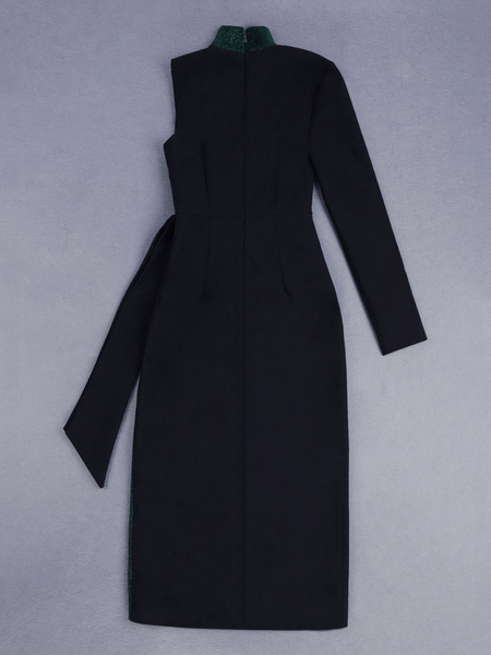 Black Party Dress Stand Collar One Sleeve Knotted Asymmetrical Two Tone Long Dress - Image 5