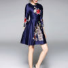 Blue Party Dress Women Skater Dress Round Neck 3/4 Length Sleeve Embroidered Flare Dress