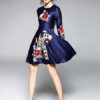 Blue Party Dress Women Skater Dress Round Neck 3/4 Length Sleeve Embroidered Flare Dress - Image 2