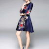 Blue Party Dress Women Skater Dress Round Neck 3/4 Length Sleeve Embroidered Flare Dress - Image 3