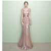 Mermaid V Neck Sleeveless Ruched Waist Evening Dress With Train