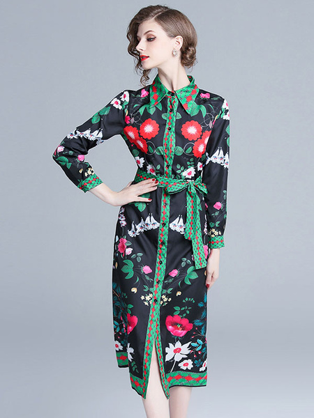Floral Shirt Dress Long Sleeve Buttons Printed Maxi Dress