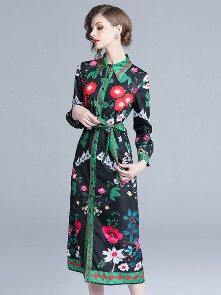 Floral Shirt Dress Long Sleeve Buttons Printed Maxi Dress - Image 2