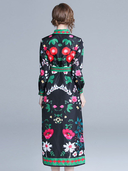 Floral Shirt Dress Long Sleeve Buttons Printed Maxi Dress - Image 3