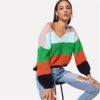 Jumper Preppy Colorblock V Neck Bishop Sleeve PulloversSweater Women Autumn Sweaters