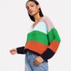 Jumper Preppy Colorblock V Neck Bishop Sleeve PulloversSweater Women Autumn Sweaters - Image 3