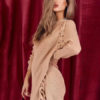 Knitted Mini Dress Long Sleeve Lace Up Khaki Sweater Dress - Image 3