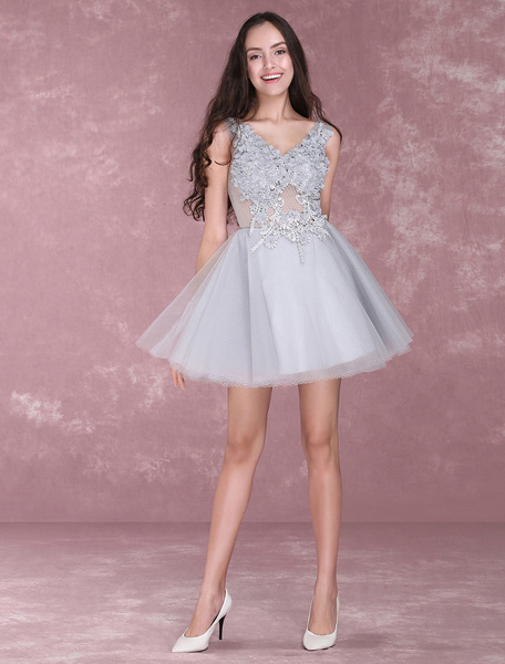 Lace Flowers Short Prom Dresses V Neck Tulle Mini Party Dress