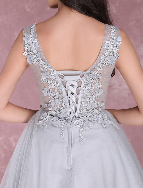 Lace Flowers Short Prom Dresses V Neck Tulle Mini Party Dress - Image 9