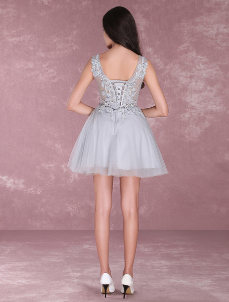 Lace Flowers Short Prom Dresses V Neck Tulle Mini Party Dress - Image 7