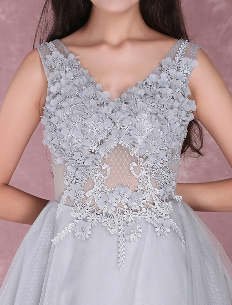 Lace Flowers Short Prom Dresses V Neck Tulle Mini Party Dress - Image 8