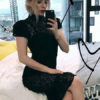 Lace Party Dress High Collar Bodycon Dress Short Sleeve Split Shaping Midi Dress