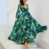 Lantern Sleeve V-neck Leaf Print Dress