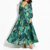 Lantern Sleeve V-neck Leaf Print Dress - Image 5