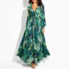 Lantern Sleeve V-neck Leaf Print Dress - Image 6