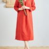 Linen V-Neck Long Sleeve Dress - Image 3
