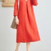 Linen V-Neck Long Sleeve Dress - Image 5