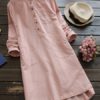 Long Sleeve Buttons Cotton Mini Shirt Dress - Image 4