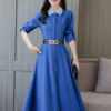 Long Sleeve  Buttons Solid Color Fall Shirt Dress - Image 2