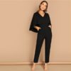Elegant V-Neck Solid Cape Long Sleeve Cloak Sleeve Jumpsuit