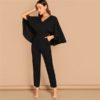 Elegant V-Neck Solid Cape Long Sleeve Cloak Sleeve Jumpsuit - Image 3