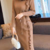 Long Sleeve Sweater Dress High Collar Ruffles Knit Shaping Midi Dress