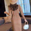Long Sleeve Sweater Dress High Collar Ruffles Knit Shaping Midi Dress - Image 3