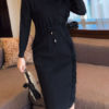 Long Sleeve Sweater Dress High Collar Ruffles Knit Shaping Midi Dress - Image 7
