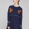 Long Sleeve Sweater Dress Round Neck Animal Letters Print Deep Blue Knit Dress