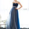 Prom Dress Strapless Dark Navy Sweetheart Neckline Long Party Dresses Beaded Sash Pleated Tulle Floor Length Evening Dress