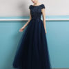 Prom Dresses 2019 Long Dark Navy Evening Dress Jewel Neck Open Back Sequin Flowers Beaded Tulle Floor Length Formal Gowns