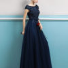 Prom Dresses 2019 Long Dark Navy Evening Dress Jewel Neck Open Back Sequin Flowers Beaded Tulle Floor Length Formal Gowns - Image 2