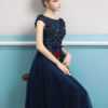 Prom Dresses 2019 Long Dark Navy Evening Dress Jewel Neck Open Back Sequin Flowers Beaded Tulle Floor Length Formal Gowns - Image 4