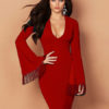 Party Dress Plunging Neckline Fringe Bell Sleeve Spring Women Bodycon Dress