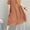 Retro Women Casual Cotton Solid Color Dress - Image 3