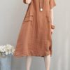 Retro Women Casual Cotton Solid Color Dress - Image 4