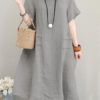 Retro Women Casual Cotton Solid Color Dress - Image 9