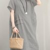 Retro Women Casual Cotton Solid Color Dress - Image 10