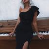 Sexy Party Dress Black Birthday Dress One Shoulder Ruffles Split Stretchy Cocktail Dress
