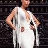 Sexy Party Dress White Fringe Plunging Women Bodycon Dress Birthday Dress - Image 3