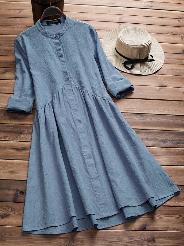 Stand collar pleated long sleeve dress - Image 3