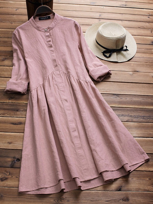 Stand collar pleated long sleeve dress - Image 5