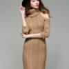 Turtleneck Sweater Dress Cold Shoulder Women Light Tan Long Sleeve Slim Fit Jumper Dress