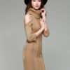 Turtleneck Sweater Dress Cold Shoulder Women Light Tan Long Sleeve Slim Fit Jumper Dress - Image 3
