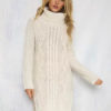 Turtleneck Sweater Dress White Chunky Cable Knit Long Sleeve Split Midi Dress - Image 3