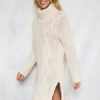 Turtleneck Sweater Dress White Chunky Cable Knit Long Sleeve Split Midi Dress - Image 4